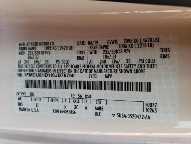 1FMCU0HD1KUB78760 Ford ESCAPE SEL