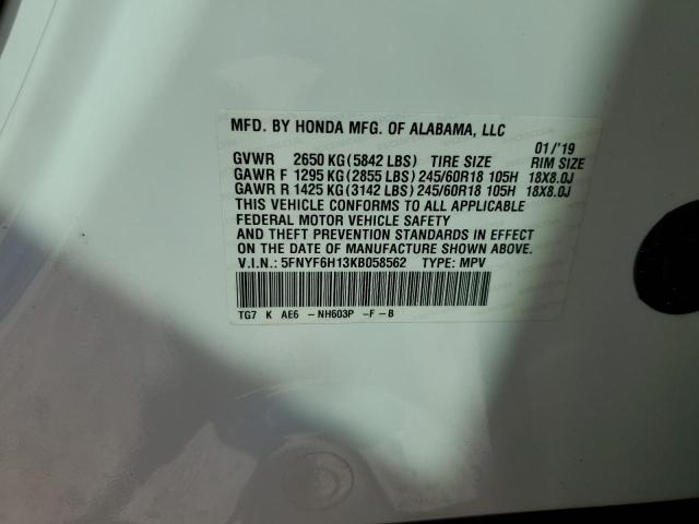 5FNYF6H13KB058562 Honda PILOT LX