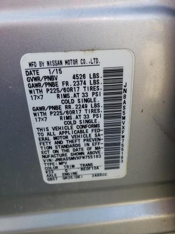 JN8AS5MVXFW755183 Nissan Rogue Select S