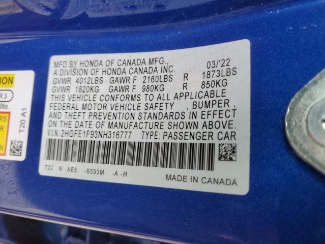 2HGFE1F93NH316777 Honda Civic Touring