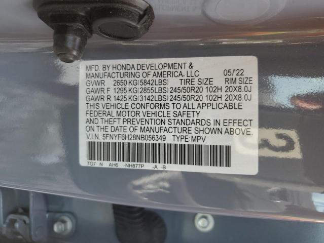 5FNYF6H28NB056349 Honda PILOT SE