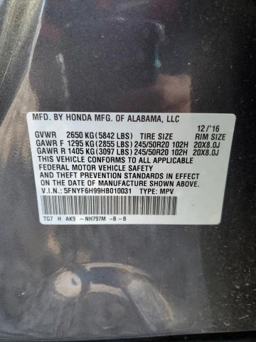 5FNYF6H99HB010031 Honda Pilot Touring