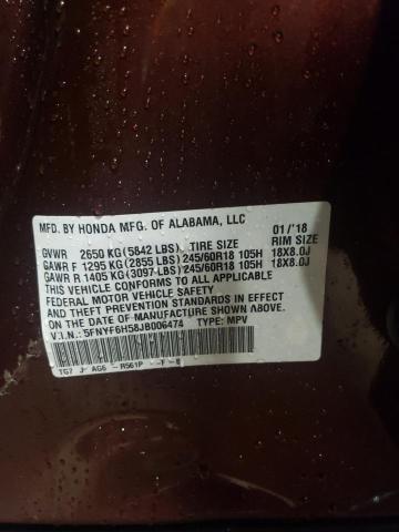 5FNYF6H58JB006474 Honda PILOT EXL