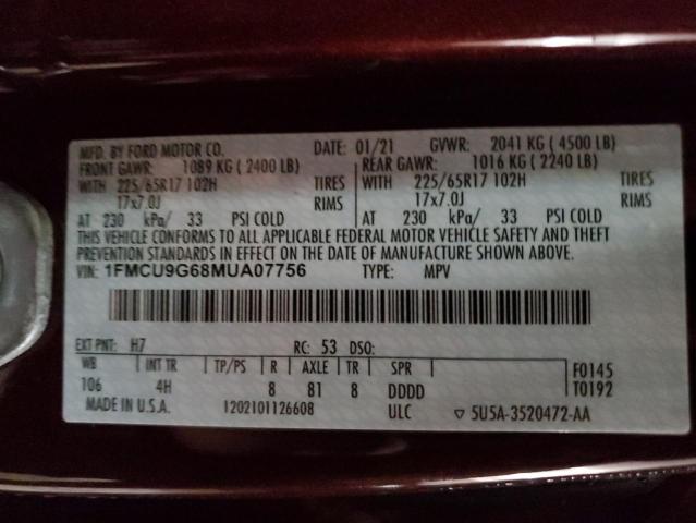1FMCU9G68MUA07756 Ford ESCAPE SE