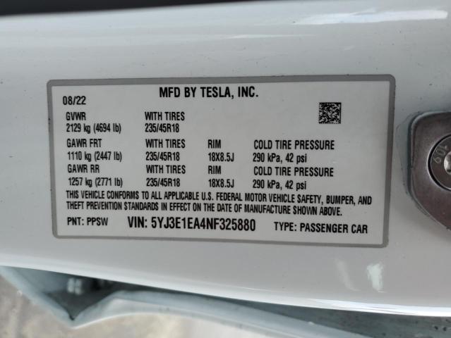 5YJ3E1EA4NF325880 Tesla MODEL 3