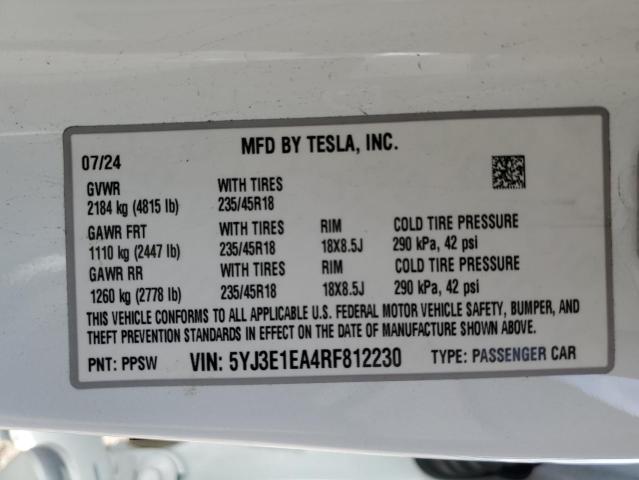 5YJ3E1EA4RF812230 Tesla 2024