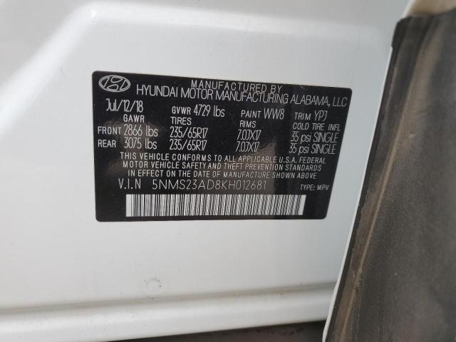 5NMS23AD8KH012681 Hyundai Santa Fe Se