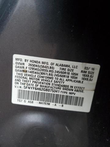 5FNYF6H62GB075341 Honda PILOT EXL