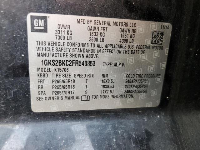 1GKS2BKC2FR540853 GMC YUKON SLT