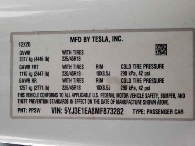 5YJ3E1EA8MF873282 Tesla MODEL 3