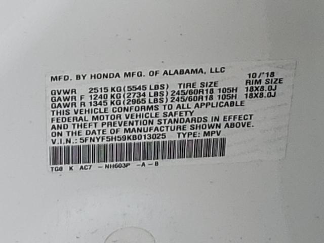 5FNYF5H59KB013025 Honda PILOT EXL