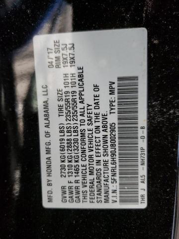 5FNRL6H90JB002905 Honda Odyssey Elite