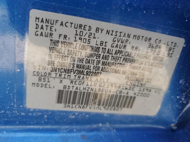 3N1CN8FV3ML922807 Nissan VERSA SR