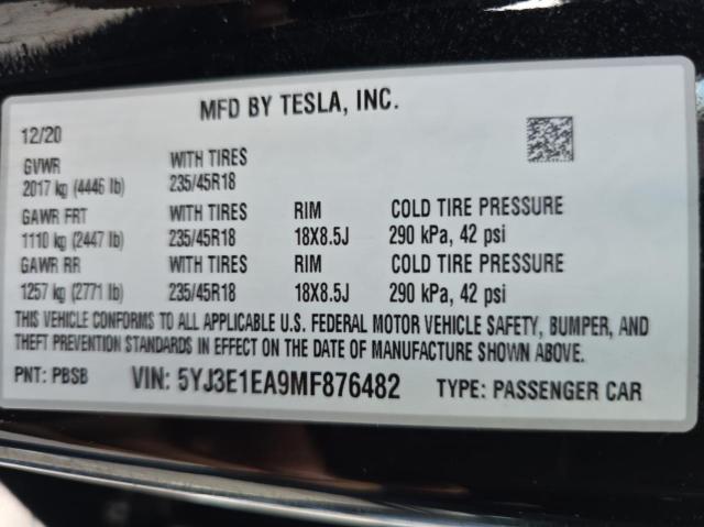 5YJ3E1EA9MF876482 Tesla MODEL 3