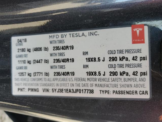 5YJ3E1EA3JF017738 Tesla MODEL 3
