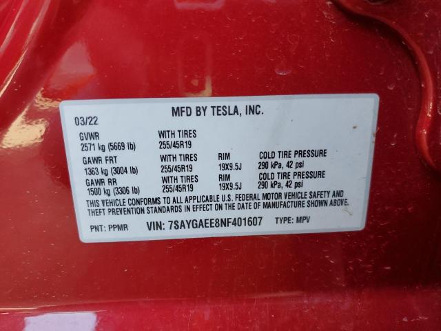 7SAYGAEE8NF401607 Tesla Model Y