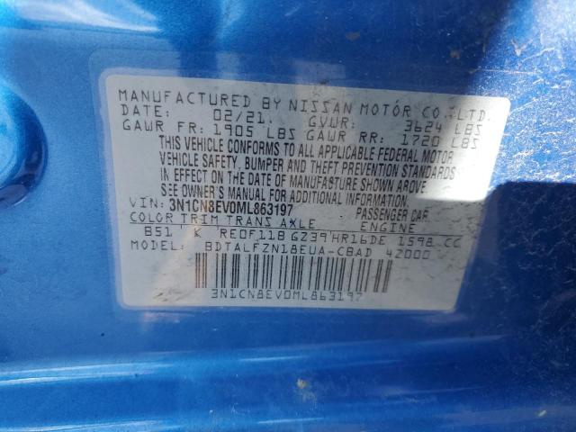 3N1CN8EV0ML863197 Nissan VERSA SV