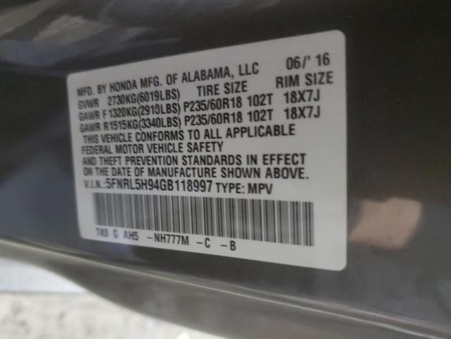 5FNRL5H94GB118997 Honda Odyssey Touring