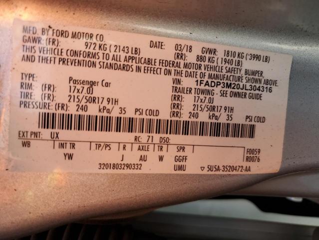 1FADP3M20JL304316 Ford FOCUS SEL