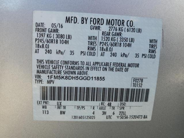 1FM5K8DH5GGD11855 Ford EXPLORER XLT