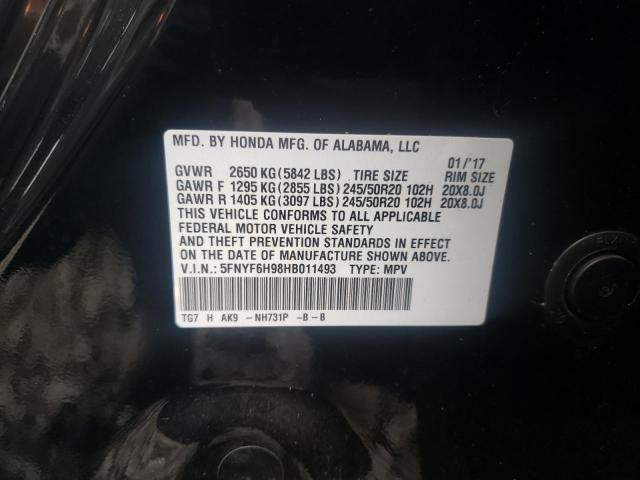 5FNYF6H98HB011493 Honda Pilot Touring