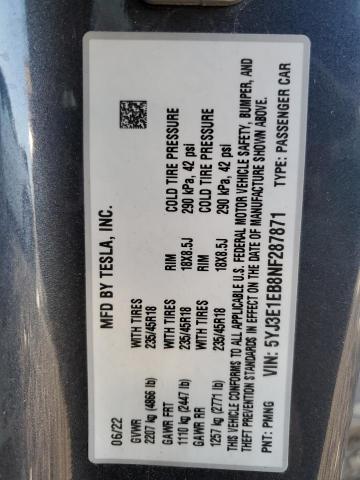 5YJ3E1EB8NF287871 Tesla MODEL 3