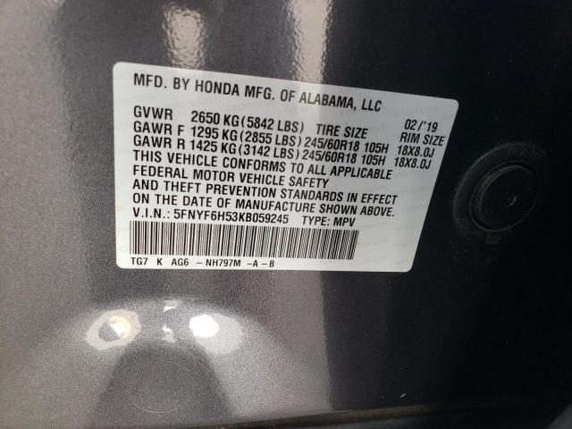 5FNYF6H53KB059245 Honda PILOT EXL