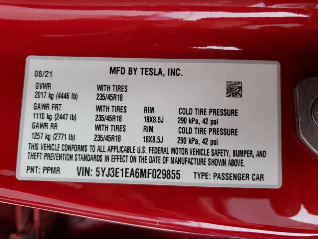 5YJ3E1EA6MF029855 Tesla MODEL 3