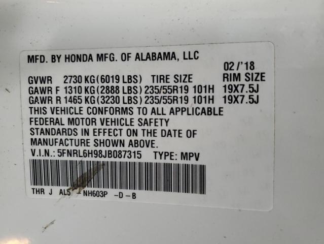 5FNRL6H98JB087315 Honda Odyssey Elite