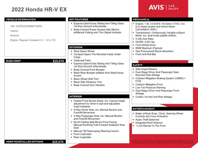 3CZRU5H59NM732893 Honda HR-V EX
