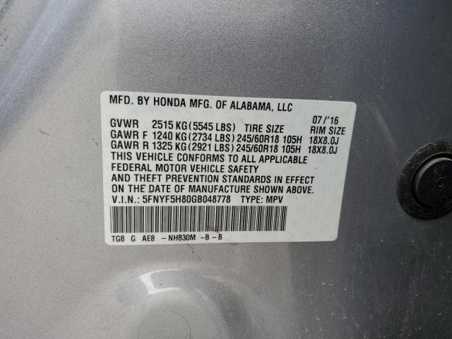 5FNYF5H80GB048778 Honda PILOT EXL