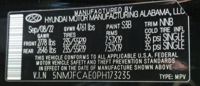 5NMJFCAE0PH173235 Hyundai TUCSON SEL