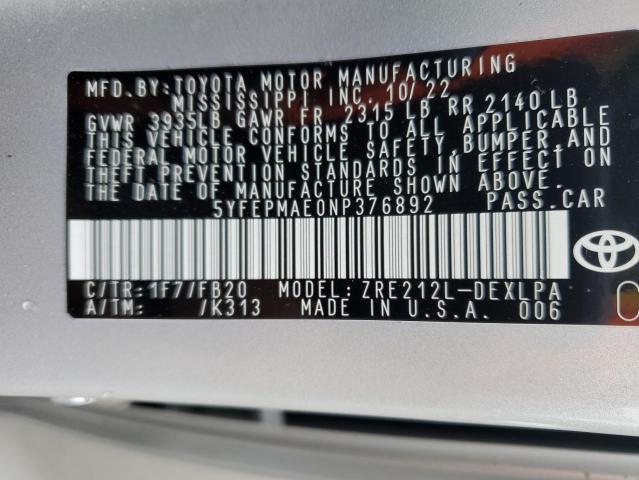 5YFEPMAE0NP376892 Toyota COROLLA LE