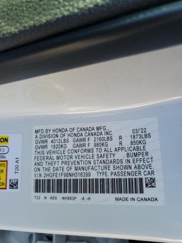 2HGFE1F98NH316399 Honda Civic Touring