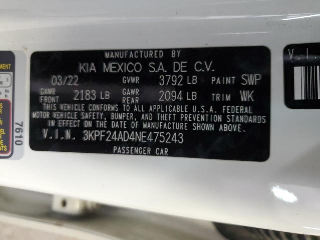 3KPF24AD4NE475243 KIA FORTE FE