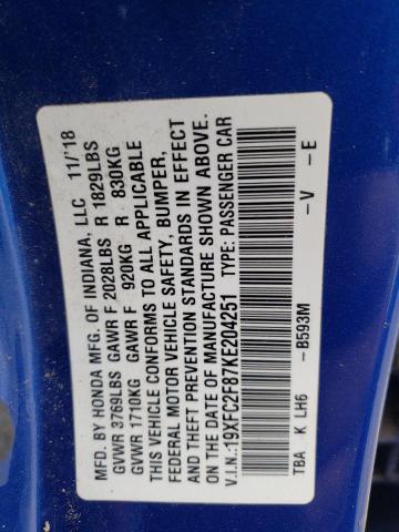 19XFC2F87KE204251 Honda Civic Sport