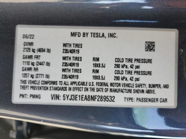 5YJ3E1EA8NF289532 Tesla MODEL 3