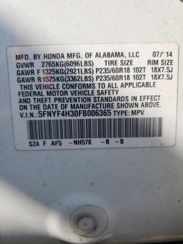5FNYF4H30FB006365 Honda PILOT SE