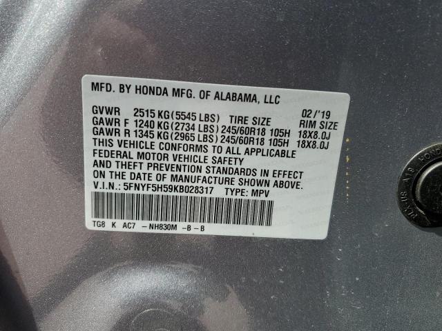 5FNYF5H59KB028317 Honda PILOT EXL