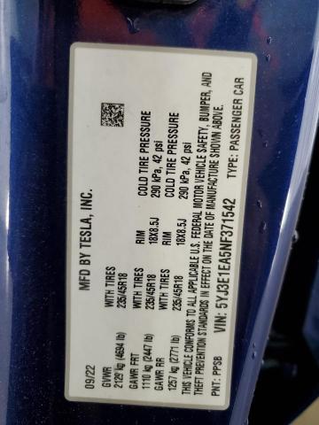 5YJ3E1EA5NF371542 Tesla MODEL 3