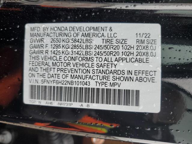 5FNYF6H22NB101043 Honda PILOT SE