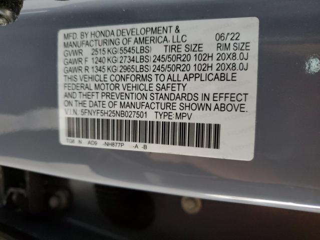 5FNYF5H25NB027501 Honda PILOT SE