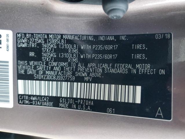5TDYZ3DC8JS927759 Toyota SIENNA XLE