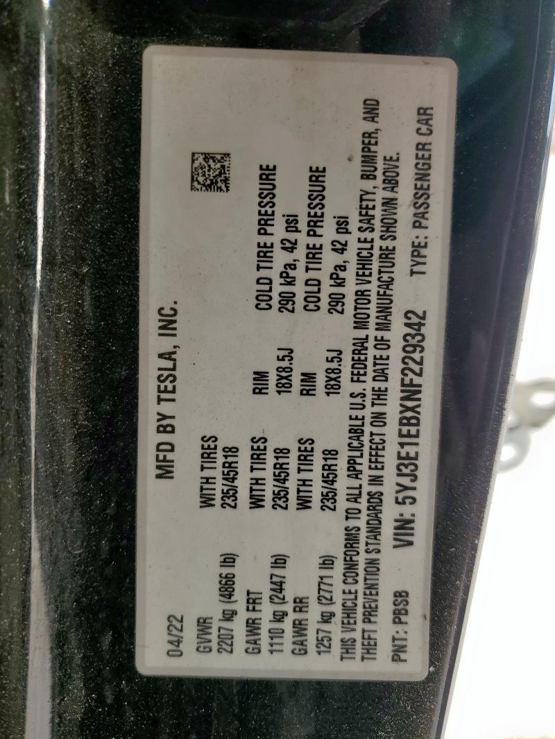 5YJ3E1EBXNF229342 Tesla MODEL 3