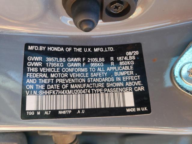 SHHFK7H4XMU200474 Honda Civic Sport