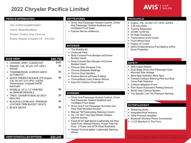 2C4RC1GG8NR162267 Chrysler Pacifica Limited