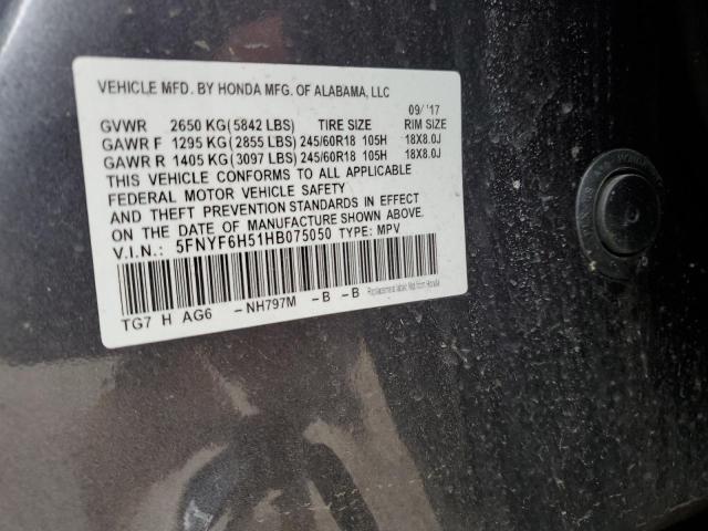 5FNYF6H51HB075050 Honda PILOT EXL