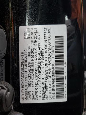 5FNYF6H60NB098503 Honda Pilot Touring