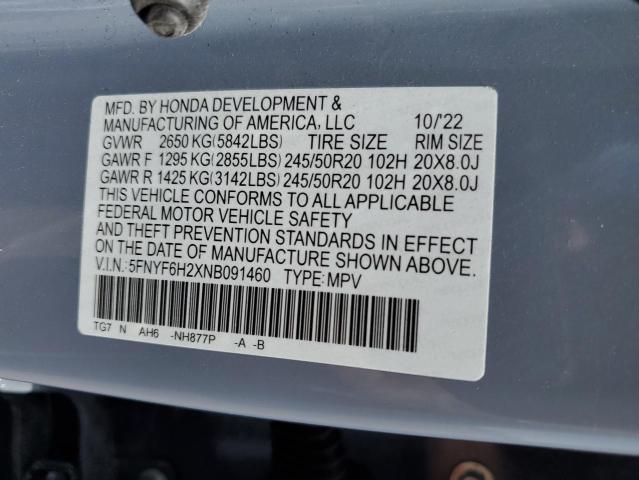 5FNYF6H2XNB091460 Honda PILOT SE