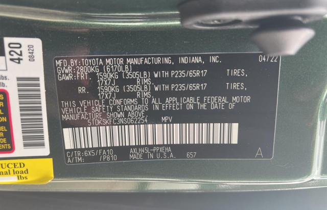5TDKSKFC3NS062254 Toyota SIENNA LE